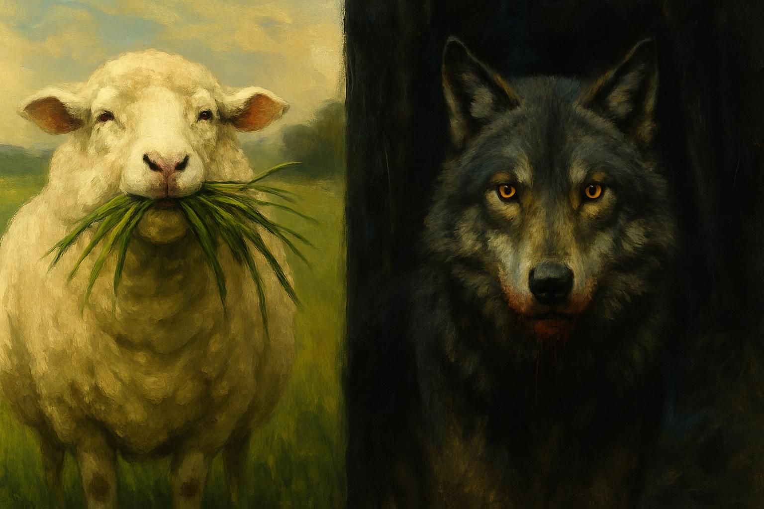 A sheep with a mouth full of grass beside a wolf with a mouth full of blood